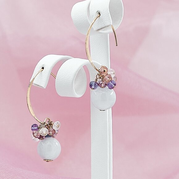Jade Earrings with Amethyst Pink Topaz Cluster, 14K Gold Filled French Ear Wires - Picture 1 of 9